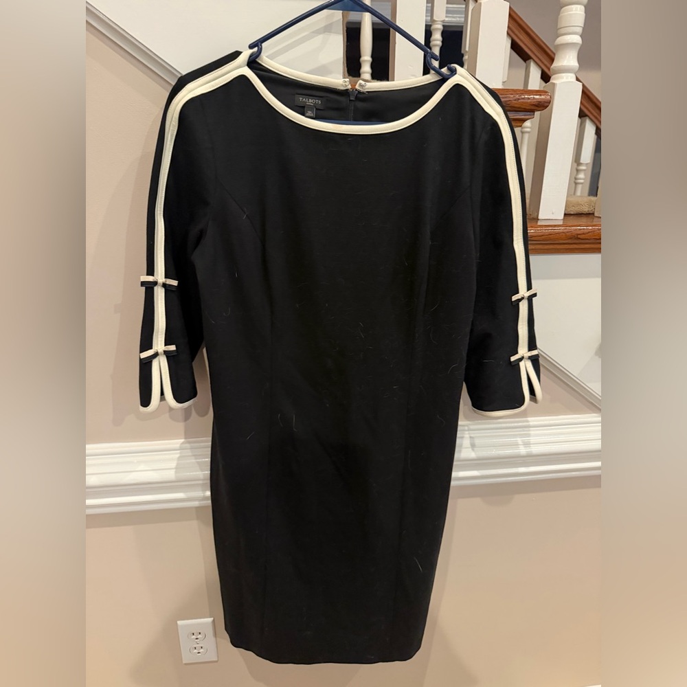 Talbots Black Midi Dress with Cream Trim and Bow Accents